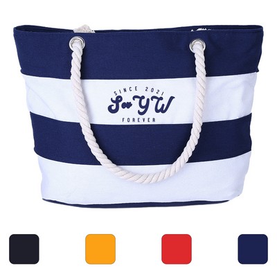 High-End Striped Canvas Tote Bag With Drawstring Handles